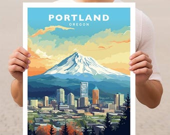 May include: A colorful illustration of the Portland skyline with Mount Hood in the background. The text "PORTLAND OREGON" is at the top of the image.