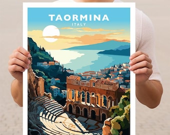 May include: A colourful illustration of Taormina, Italy, featuring a view of the ancient Greek theatre, the Mediterranean Sea, and a sunset sky. The text "Taormina, Italy" is printed at the top of the image.