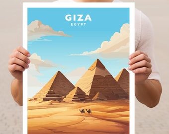 Könnte beinhalten: Eine farbenfrohe Illustration der Pyramiden von Gizeh in Ägypten. Die Pyramiden sind in einer Wüstenlandschaft mit blauem Himmel und weißen Wolken dargestellt. Zwei Kamele gehen im Vordergrund.