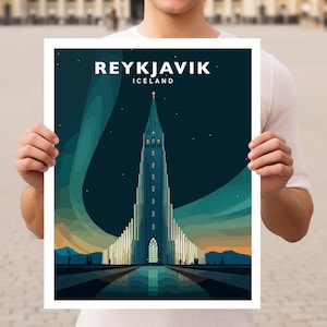 Reykjavik, Islande Hallgrimskirkja, affiche d'art mural de voyage, impression d'affiche