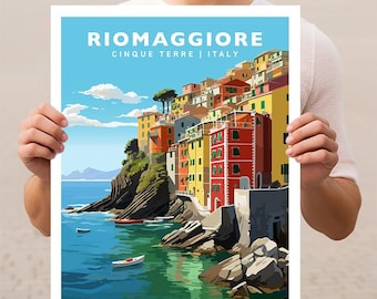 May include: A colorful travel poster featuring a scenic view of Riomaggiore, a village in Cinque Terre, Italy. The poster features a vibrant blue sky, a turquoise ocean, and colorful buildings built into the side of a cliff.