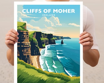 Może przedstawiać: Winietyczny plakat podróżniczy przedstawiający malowniczy widok klifów Moher w Irlandii. Plakat ma niebiesko-zielono-brązową kolorystykę i przedstawia dramatyczne klify górujące nad turkusowym oceanem.