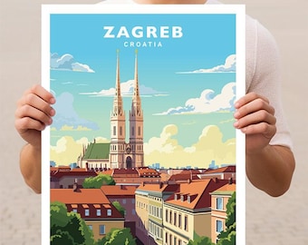 May include: A vintage travel poster featuring a colorful illustration of Zagreb Cathedral in Zagreb, Croatia. The poster has a blue background with white clouds and the text "Zagreb, Croatia" in white.