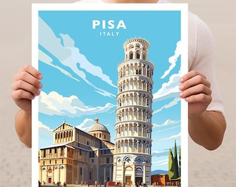 May include: A colorful illustration of the Leaning Tower of Pisa in Pisa, Italy. The tower is white with a brown roof and is leaning to the right. The tower is surrounded by a blue sky with white clouds. There are buildings in the background.