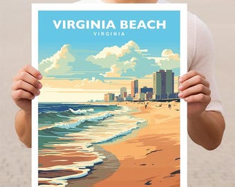 Op de afbeelding: Een vintage-stijl reisposter voor Virginia Beach, Virginia. De poster toont een kleurrijke illustratie van een strand met blauwe golven die op de kust breken, een zandstrand en een skyline op de achtergrond. De tekst "VIRGINIA BEACH" staat in blauwe letters bovenaan de poster, en de tekst "VIRGINIA" staat in kleinere blauwe letters eronder.