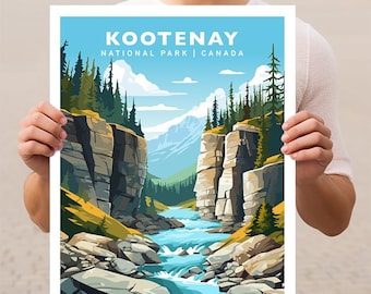 May include: A vintage-style poster with a blue background featuring a scenic view of Kootenay National Park in Canada. The poster features a river flowing through a canyon with rocky cliffs and lush green trees. The text "KOOTENAY NATIONAL PARK | CANADA" is printed in white at the top of the poster.