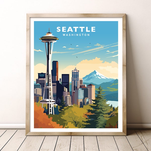 Seattle Washington Space Needle Mount Rainier Travel Wall Art Poster Print