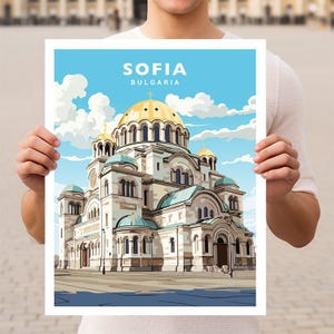 Puede incluir: Una ilustración colorida de la Catedral de Alexander Nevsky en Sofía, Bulgaria. La catedral es un edificio grande y blanco con una cúpula dorada y un cielo azul en el fondo.