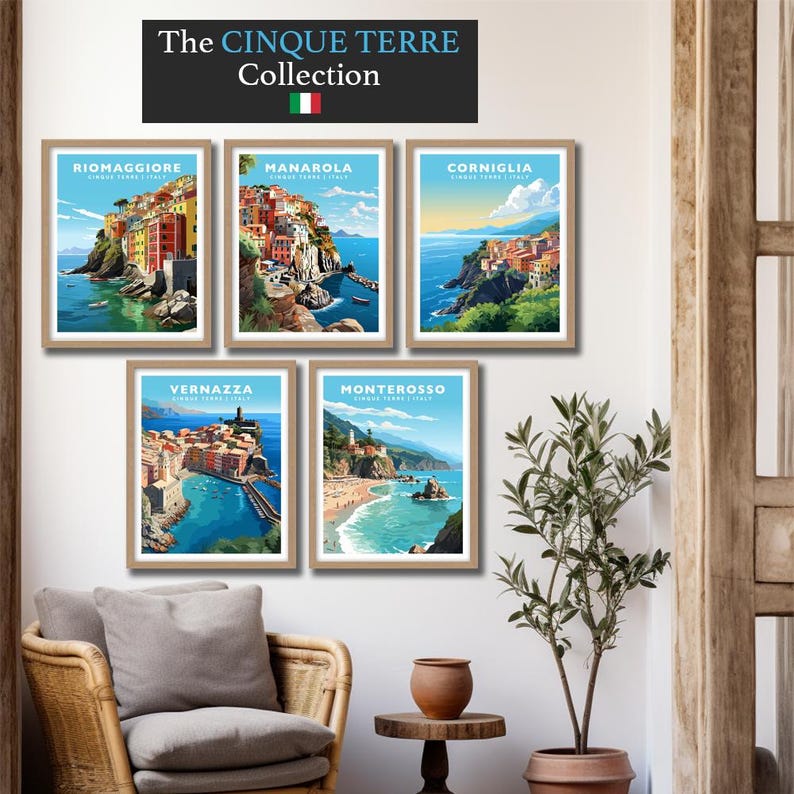 May include: Five colorful vintage travel posters featuring the Cinque Terre villages of Riomaggiore, Manarola, Corniglia, Vernazza, and Monterosso al Mare. Each poster features a scenic view of the village and the surrounding coastline.