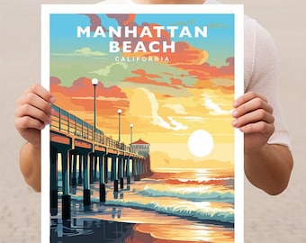 May include: A colorful illustration of a pier at Manhattan Beach, California. The pier extends into the ocean with a sunset in the background. The text "Manhattan Beach, California" is at the top of the image.