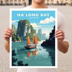 May include: A vintage travel poster featuring a scenic view of Ha Long Bay, Vietnam. The poster depicts a traditional Vietnamese boat sailing through the turquoise waters surrounded by lush green islands and a blue sky with white clouds.