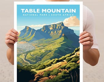 Póster de viaje de Sudáfrica sobre el Parque Nacional de Table Mountain