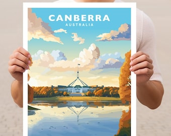 May include: A colorful illustration of the Australian Parliament House in Canberra, Australia. The building is reflected in a body of water with trees in the foreground. The sky is blue with white clouds. The text "CANBERRA AUSTRALIA" is at the top of the image.