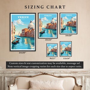 Puede incluir: Una tabla de tallas para una impresi&oacute;n de Venecia, Italia, muestra diferentes tama&ntilde;os de la impresi&oacute;n con las dimensiones que se indican debajo de cada imagen. La impresi&oacute;n presenta una ilustraci&oacute;n colorida de un canal en Venecia con una g&oacute;ndola y edificios.