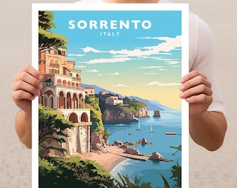 May include: A vintage travel poster featuring a colorful illustration of Sorrento, Italy. The poster depicts a white building with arches overlooking a blue ocean with boats. The text "SORRENTO ITALY" is printed in white on a blue background.