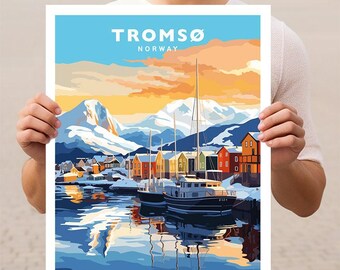 May include: A colorful illustration of a cityscape with colorful buildings and boats in a harbor. The text "Tromso Norway" is at the top of the image.