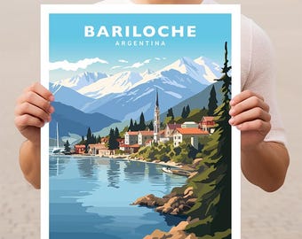 May include: A colorful illustration of a town in Bariloche, Argentina, with snow-capped mountains in the background. The town is situated on a lake with a church steeple in the center.