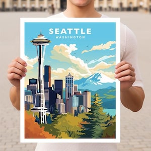 Póster de viaje de la Aguja Espacial de Seattle, Washington, Monte Rainier