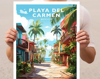以下が含まれることがあります： メキシコ、プラヤデルカルメンの通りの風景を描いたカラフルなイラスト。ヤシの木、カラフルな建物、石畳の道が描かれています。