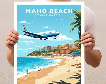Maho Beach Saint Martin Sint Maarten Travel Wall Art Poster Print