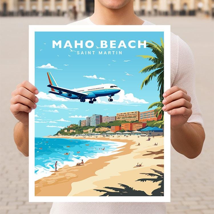 Maho Beach Saint Martin Sint Maarten Travel Wall Art Poster Print