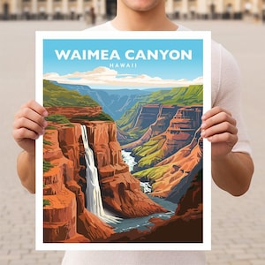 May include: A vintage travel poster featuring a scenic view of Waimea Canyon in Hawaii. The poster has a blue background with white text that reads "Waimea Canyon, Hawaii". The image shows a deep canyon with a waterfall cascading down a rocky cliff face. The canyon is surrounded by lush green vegetation and a blue sky.