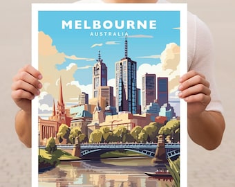 May include: A vintage travel poster featuring a colorful illustration of the Melbourne skyline, including the Yarra River and a bridge. The poster has a blue sky with white clouds and the text "MELBOURNE AUSTRALIA" at the top.
