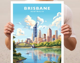 May include: A colorful illustration of the Brisbane skyline, featuring tall buildings, a bridge, and a river. The text "BRISBANE AUSTRALIA" is at the top of the image.
