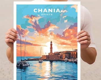 May include: A colourful painting depicting a sunset over a harbour in Chania, Greece. The painting features a lighthouse, boats, and buildings. The sky is a mix of orange, pink, and blue.