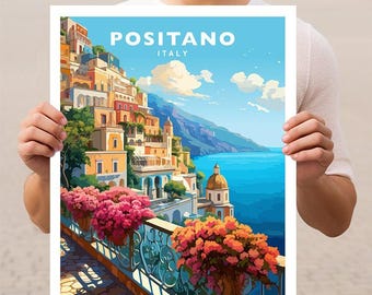 May include: A colorful illustration of Positano, Italy, featuring a view of the town's colorful buildings, a blue ocean, and a lush green hillside. The text "Positano, Italy" is printed at the top of the image.