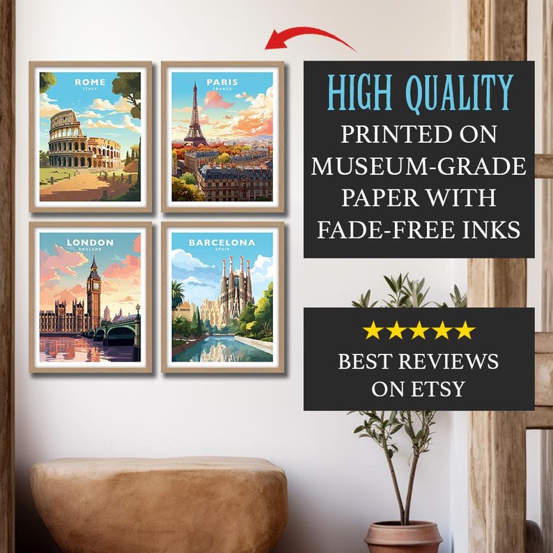 May include: Four framed prints of famous landmarks in Europe. The prints are in a vintage style with a colorful background. The prints are arranged in a grid of two rows and two columns. The top left print is of the Colosseum in Rome, the top right print is of the Eiffel Tower in Paris, the bottom left print is of Big Ben in London, and the bottom right print is of the Sagrada Familia in Barcelona. The text "HIGH QUALITY PRINTED ON MUSEUM-GRADE PAPER WITH FADE-FREE INKS" is displayed above the prints. The text "BEST REVIEWS ON ETSY" is displayed below the prints.