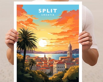 May include: A colorful illustration of Split, Croatia, with a sunset sky, a palm tree, and a view of the city with a tall tower.
