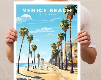 Peut inclure: Une affiche de voyage de style vintage représentant une illustration colorée de Venice Beach, en Californie. L'affiche représente des palmiers bordant une plage de sable avec des gens qui se promènent sur la promenade. Le texte "Venice Beach, California" est affiché en haut de l'affiche.