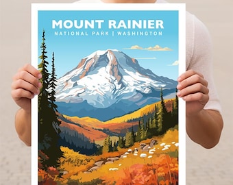 Mount Rainier National Park Washington Travel Print Gift Hiking Wall Art Home Decor Poster