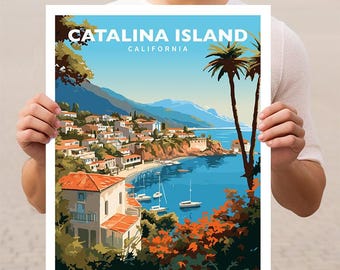 May include: A poster featuring a scenic view of Catalina Island, California. The artwork depicts a coastal town with buildings, boats, and palm trees under a blue sky. The text "CATALINA ISLAND CALIFORNIA" is at the top.