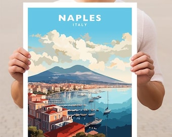 May include: A colorful illustration of Naples, Italy, with Mount Vesuvius in the background. The city is shown with buildings, a harbor, and boats. The text "NAPLES ITALY" is at the top of the image.