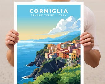 May include: A colorful illustration of the town of Corniglia in Cinque Terre, Italy. The image shows a hillside town with colorful buildings, a blue ocean, and a cloudy sky.