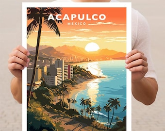 May include: A colorful vintage travel poster with a sunset over a beach in Acapulco, Mexico. The poster features palm trees, buildings, and a blue ocean.