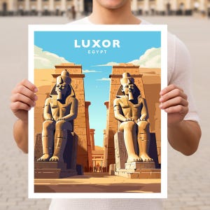 May include: A vintage travel poster featuring a colorful illustration of the Luxor Temple in Egypt. The poster features two large statues of pharaohs, with the text "Luxor, Egypt" at the top.