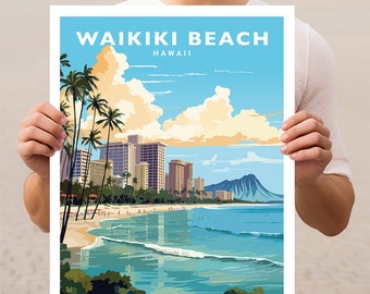 Stampa poster artistica da parete da viaggio Waikiki Beach Hawaii Oahu