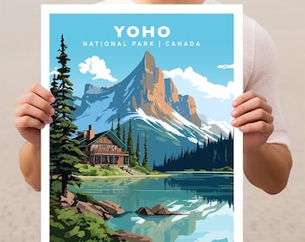 May include: A vintage-style travel poster featuring a scenic view of Yoho National Park in Canada. The poster features a mountain range, a lake, a cabin, and trees. The text "YOHO NATIONAL PARK | CANADA" is displayed at the top of the poster.