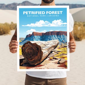May include: A vintage-style poster with a blue sky and white clouds. The poster features a large, brown petrified log in the foreground and a colorful mountain range in the background. The text "Petrified Forest National Park | Arizona" is printed at the top of the poster.