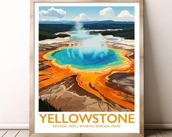 May include: A colourful illustration of Yellowstone National Park, featuring a large, steaming hot spring with vibrant blue, green, and orange hues. The text "YELLOWSTONE NATIONAL PARK | WYOMING-MONTANA-IDAHO" is displayed at the bottom of the image.