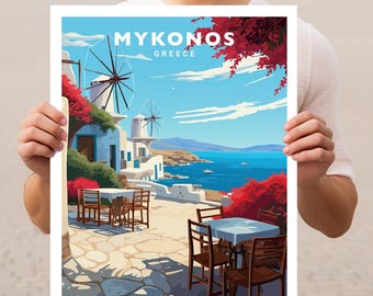 Póster de viaje a Mykonos, Grecia, arte mural impreso