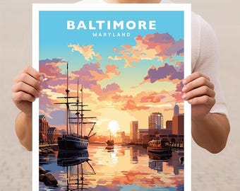 May include: A vintage travel poster featuring a colorful sunset over the Baltimore skyline with a tall ship sailing in the harbor. The text on the poster reads "Baltimore, Maryland".