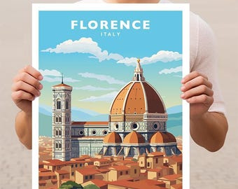 May include: A vintage travel poster featuring a colorful illustration of the Duomo, a famous cathedral in Florence, Italy. The poster has a blue background with white clouds and the text "FLORENCE ITALY" at the top.