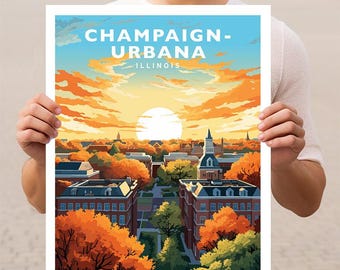 May include: A vintage travel poster with a sunset view of the University of Illinois campus in Champaign-Urbana, Illinois. The poster features a cityscape with buildings and trees in shades of orange, yellow, and green.