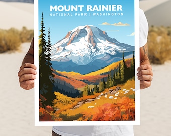 Mount Rainier National Park Washington Travel Print Gift Hiking Wall Art Home Decor Poster