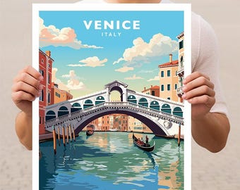 May include: A vintage travel poster featuring a colorful illustration of the Rialto Bridge in Venice, Italy. The bridge spans a canal with gondolas and boats. The poster has a blue sky with white clouds and the text "VENICE ITALY" at the top.
