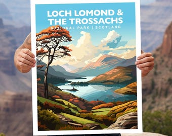 May include: A vintage-style travel poster featuring a scenic view of Loch Lomond & The Trossachs National Park in Scotland. The poster features a blue lake surrounded by green hills and a single tree in the foreground. The text "Loch Lomond & The Trossachs National Park | Scotland" is printed in white at the top of the poster.